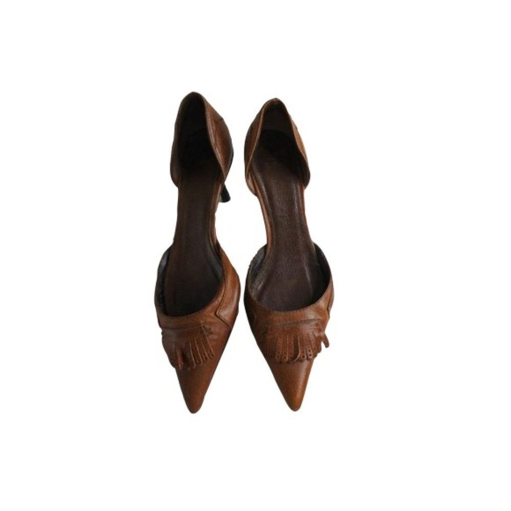 🇪🇸 ZARA brown leather pointy fringed pumps size 39